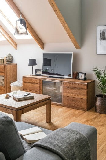 Meuble TV en bois et placage, avec 3 portes et LED inclus Montenegro 26 Grand Chêne Rustique, l180xA42xH59 cm