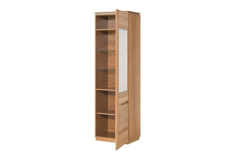 Vitrine en bois et placage, avec 1 porte et LED inclus Monténégro 11 Chêne Rustique, l58xA42xH198 cm