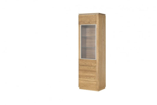 Vitrine en bois et placage, avec 1 porte et LED inclus Monténégro 11 Chêne Rustique, l58xA42xH198 cm