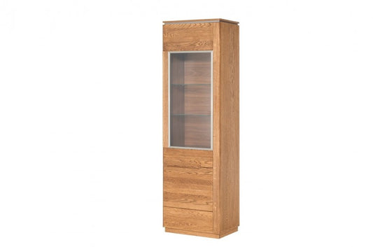 Vitrine en bois et placage, avec 1 porte et LED inclus Monténégro 10 Chêne Rustique, l58xA42xH198 cm