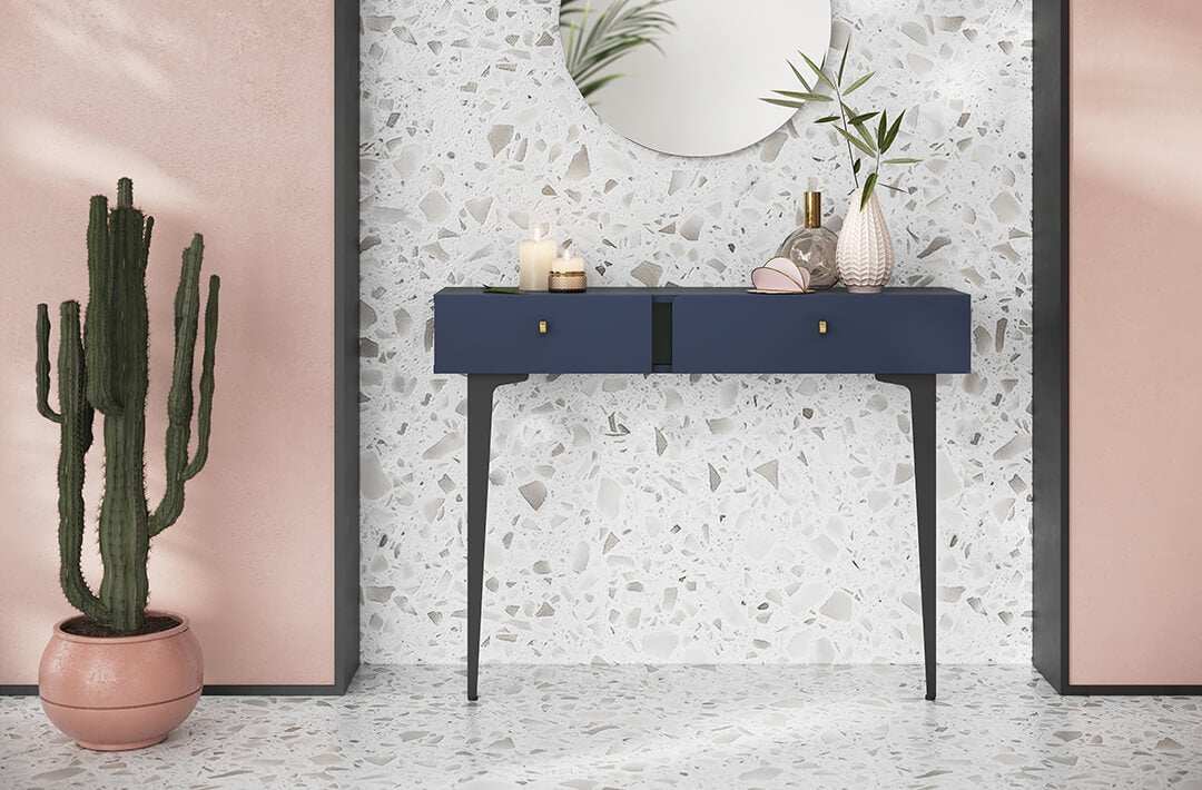 Console en bois clair avec 2 tiroirs, Coloris CS 07, Bleu Marine mat / Noir, L105xl30xH80 cm