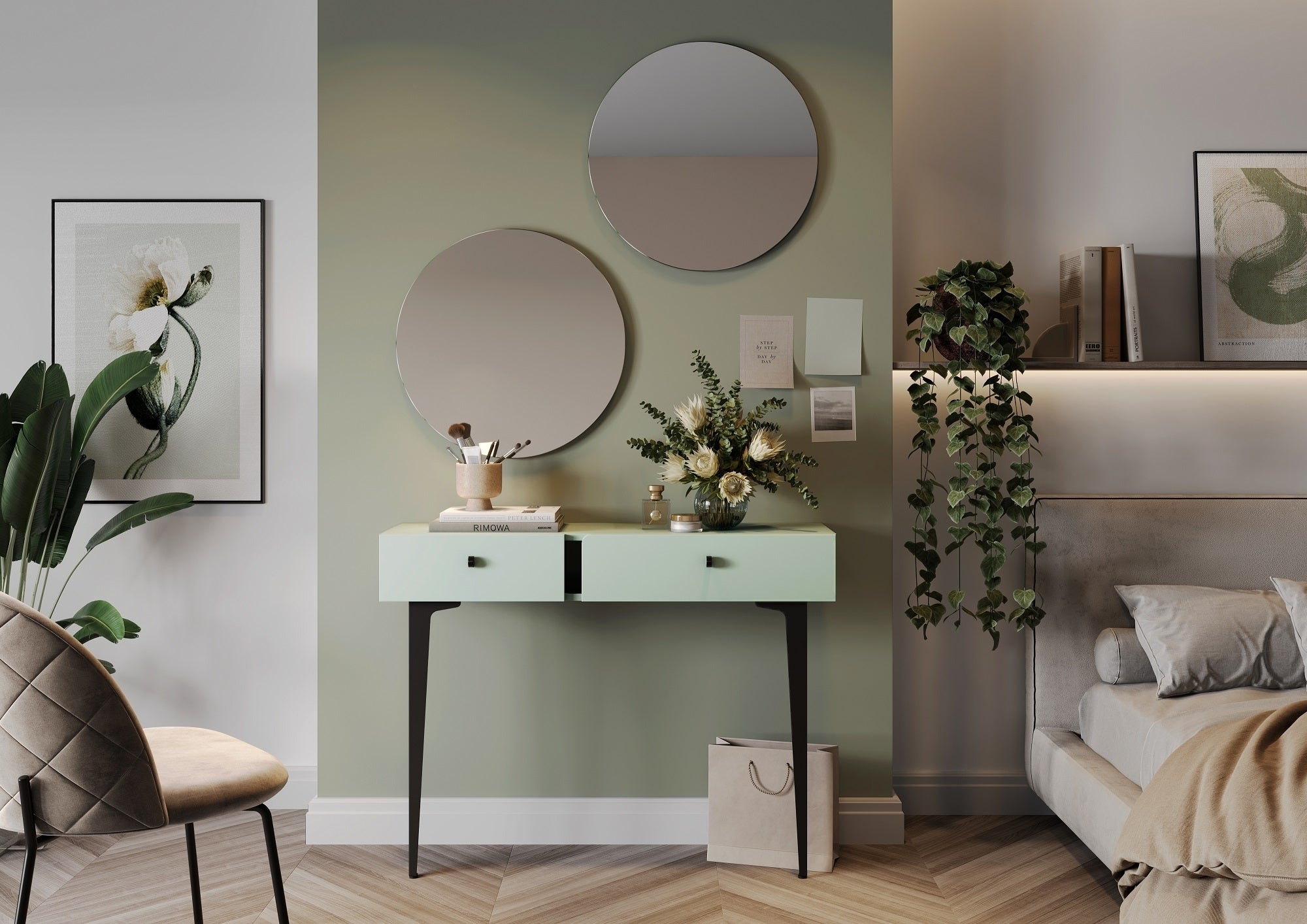 Ensemble console avec miroir, pâle et verre, Coloris CS 07-08, Vert Menthe / Noir, l105xW30xH80 cm