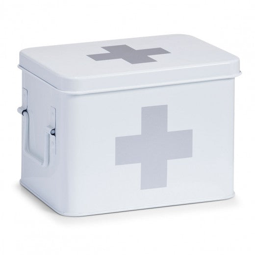 Boîtes à pharmacie en mètal, Boîte de rangement pour médicaments, 4 compartiments, Métal Blanc, l21,5xA16xH16 cm