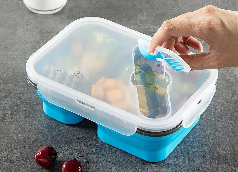 Lunch box pliable avec couverts, en silicone, Foltin, Bleu, L21x15xH4 cm