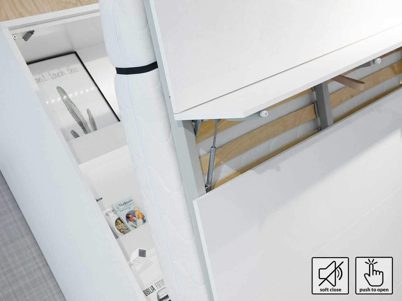 Lit Escamotable au mur, avec mécanisme pneumatique, système LED et cadre de lit inclus, Bed Concept Vertical, Blanc Mat