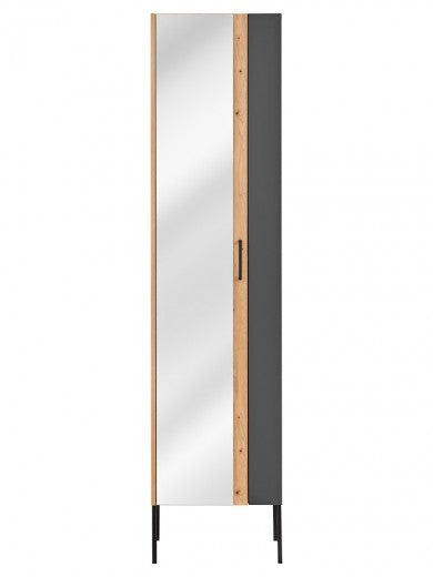 Meuble de salle de bain haut, avec miroir, 1 porte, pieds métal, Bois Graphite / Chêne, l45xA30xH170 cm