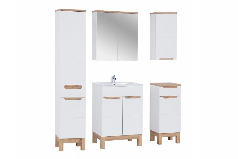 Meuble de salle de bain suspendu avec 2 portes et miroir, Bali Blanc, l60xA20xH70 cm