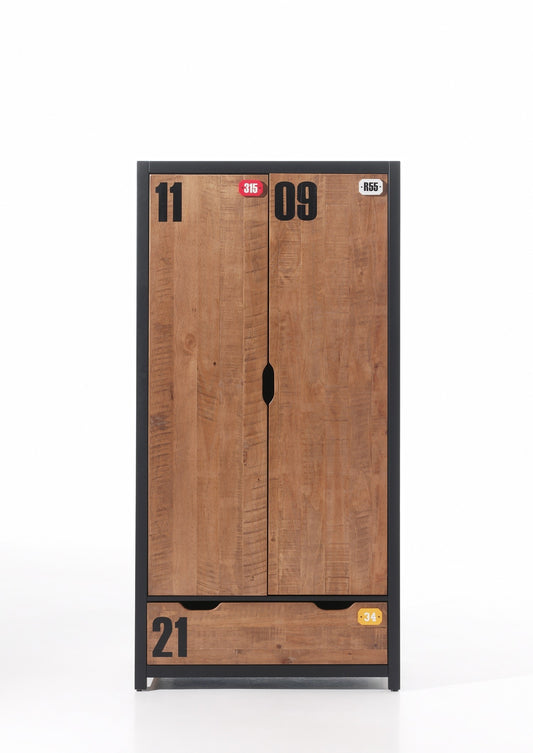 Armoire en bois en pin et MDF avec 2 portes et 1 tiroir, pour les enfants naturels / noirs, L100xA55x200 cm