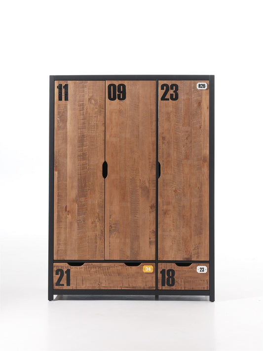 Armoire en bois en pin et MDF avec 3 portes et 2 tiroirs, pour les enfants naturels / noirs, L147.5xa55x200 cm