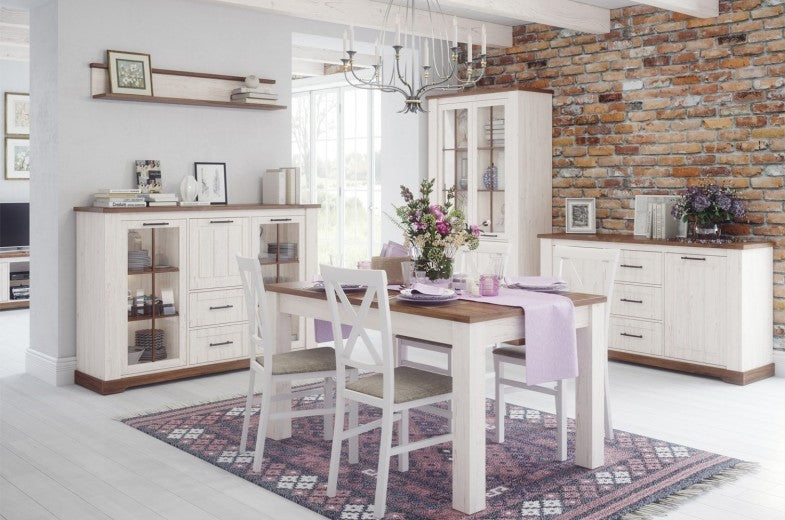 Commode, avec 3 tiroirs et 2 portes Country 45 Blanc / Chêne, l163xA45xH89 cm