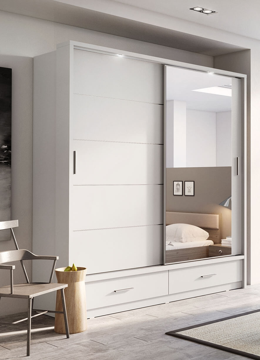 Armoire en bois clair, avec 2 portes coulissantes, 2 tiroirs et miroir Arti 05, Blanc Mat, L200xL63xH215 cm