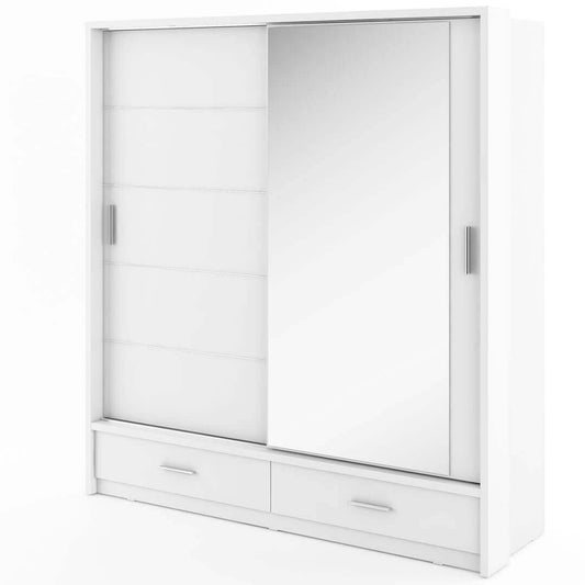 Armoire en bois clair, avec 2 portes coulissantes, 2 tiroirs et miroir Arti 05, Blanc Mat, L200xL63xH215 cm