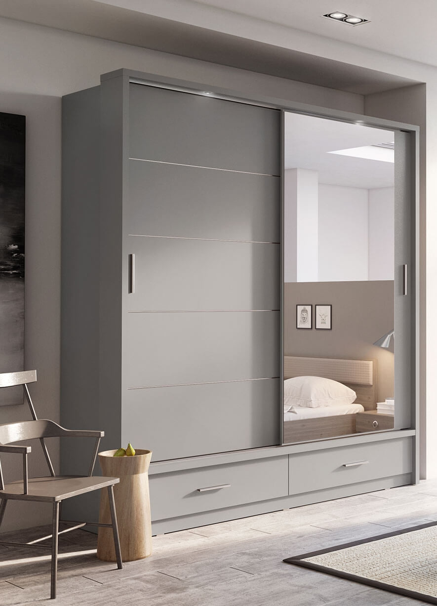 Armoire en bois clair, avec 2 portes coulissantes, 2 tiroirs et miroir Arti 05, Gris Mat, L200xL63xH215 cm