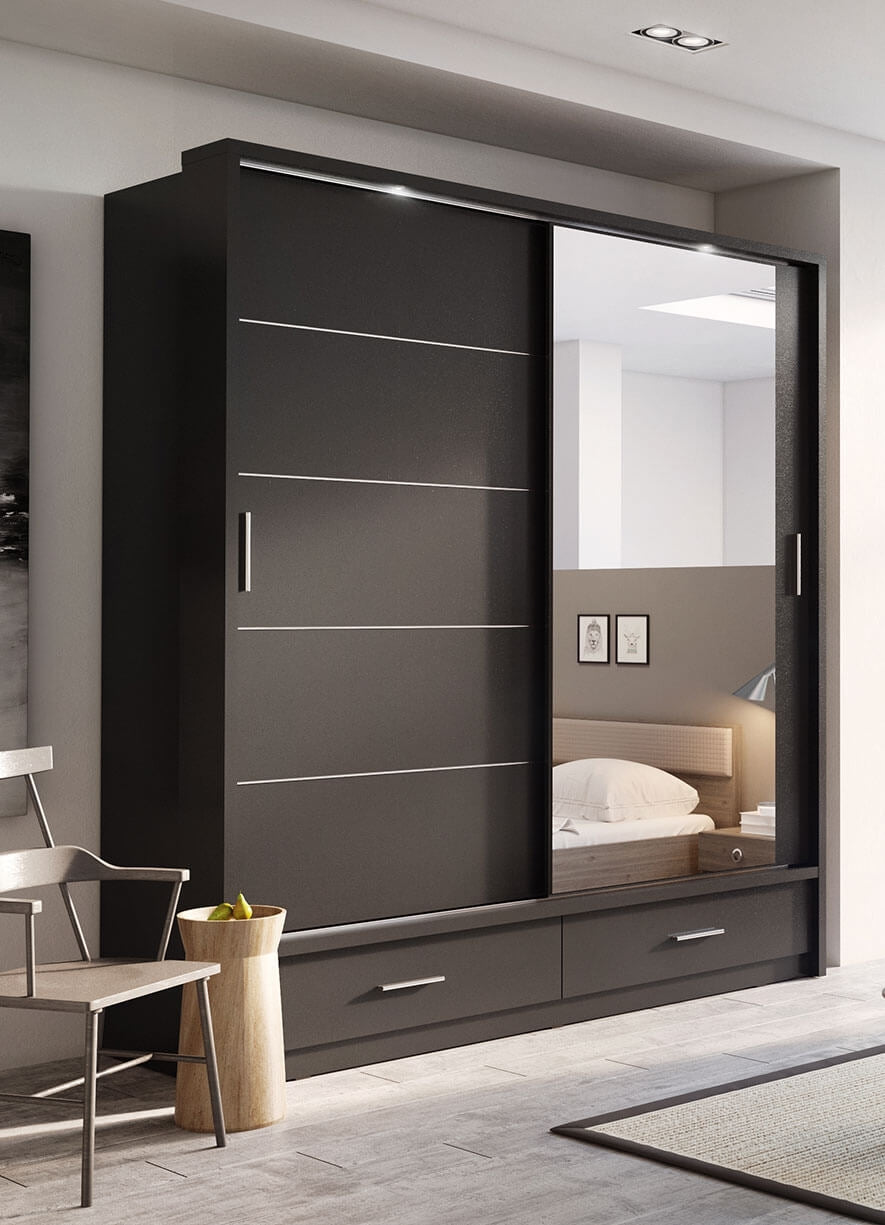 Armoire en bois clair, avec 2 portes coulissantes, 2 tiroirs et miroir Arti 05, Noir Mat, L200xL63xH215 cm