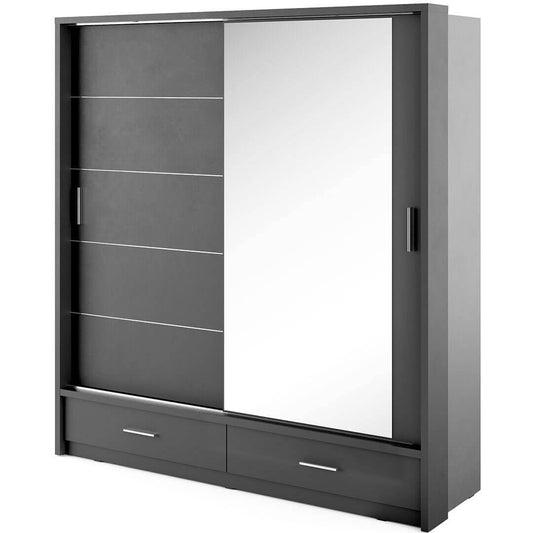 Armoire en bois clair, avec 2 portes coulissantes, 2 tiroirs et miroir Arti 05, Noir Mat, L200xL63xH215 cm