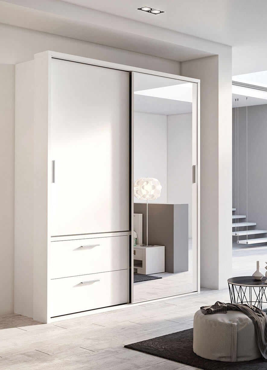 Armoire en bois clair, avec 2 portes coulissantes, 2 tiroirs et miroir Arti 22, Blanc Mat, L180xW63xH215 cm