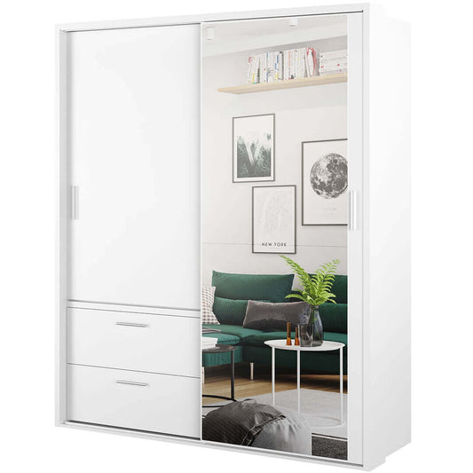 Armoire en bois clair, avec 2 portes coulissantes, 2 tiroirs et miroir Arti 22, Blanc Mat, L180xW63xH215 cm