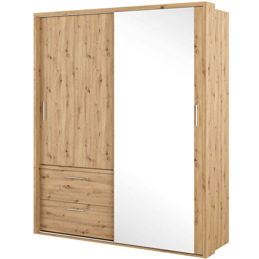 Armoire en bois clair, avec 2 portes coulissantes, 2 tiroirs et miroir Arti 22, Chêne Artisanal, L180xW63xH215 cm