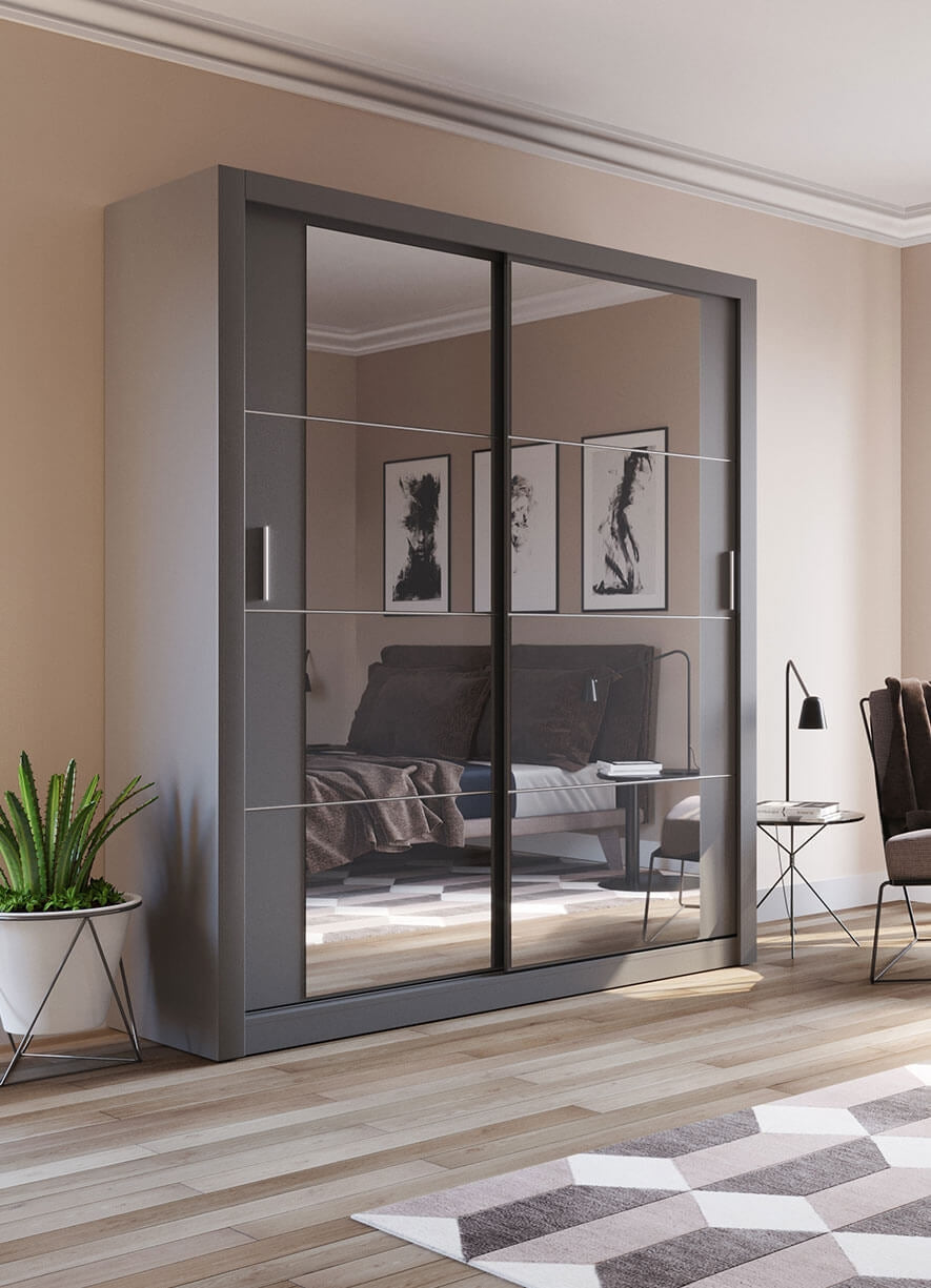 Armoire en bois clair, avec 2 portes coulissantes et miroir Arti 03, Gris Mat, L180xP60xH215 cm