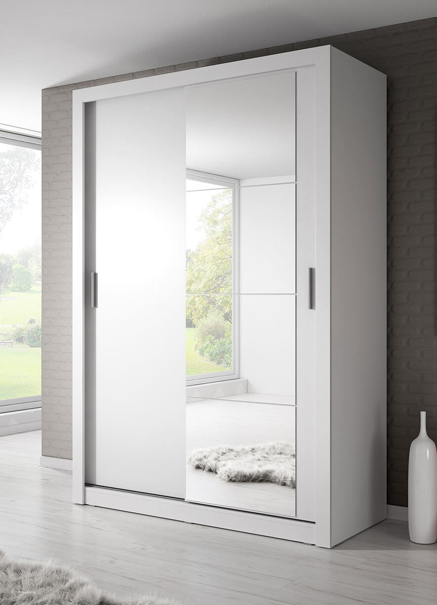 Armoire en bois clair, avec 2 portes coulissantes et miroir Arti 04, Blanc Mat, L150xP60xH215 cm