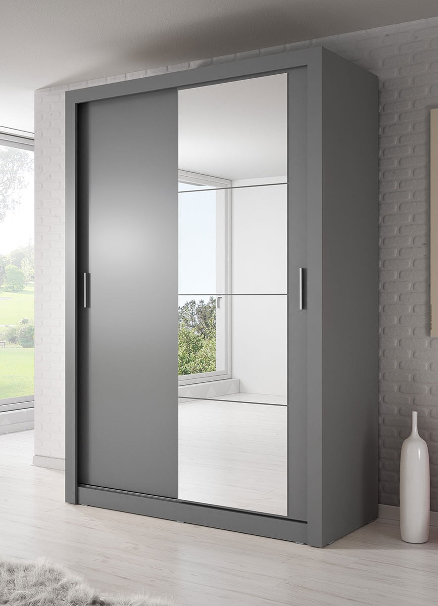 Armoire en bois clair, avec 2 portes coulissantes et miroir Arti 04, Gris Mat, L150xP60xH215 cm