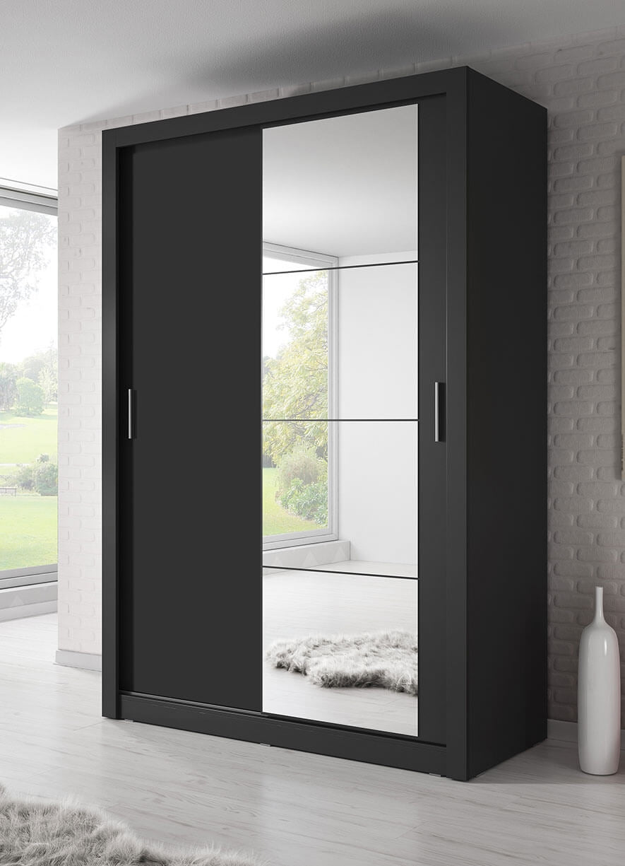 Armoire en bois clair, avec 2 portes coulissantes et miroir Arti 04, Noir Mat, L150xP60xH215 cm