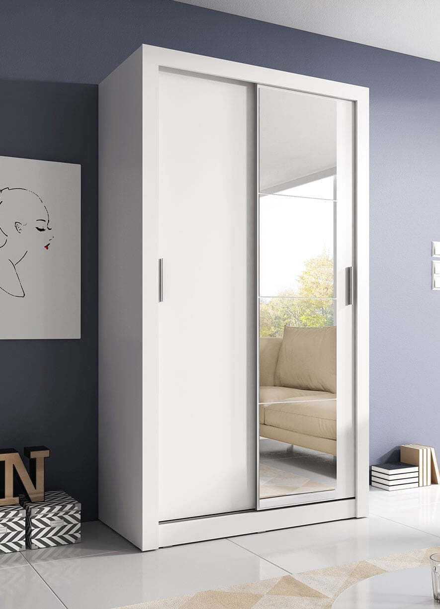 Armoire en bois clair, avec 2 portes coulissantes et miroir Arti 06, Blanc Mat, L120xP60xH215 cm