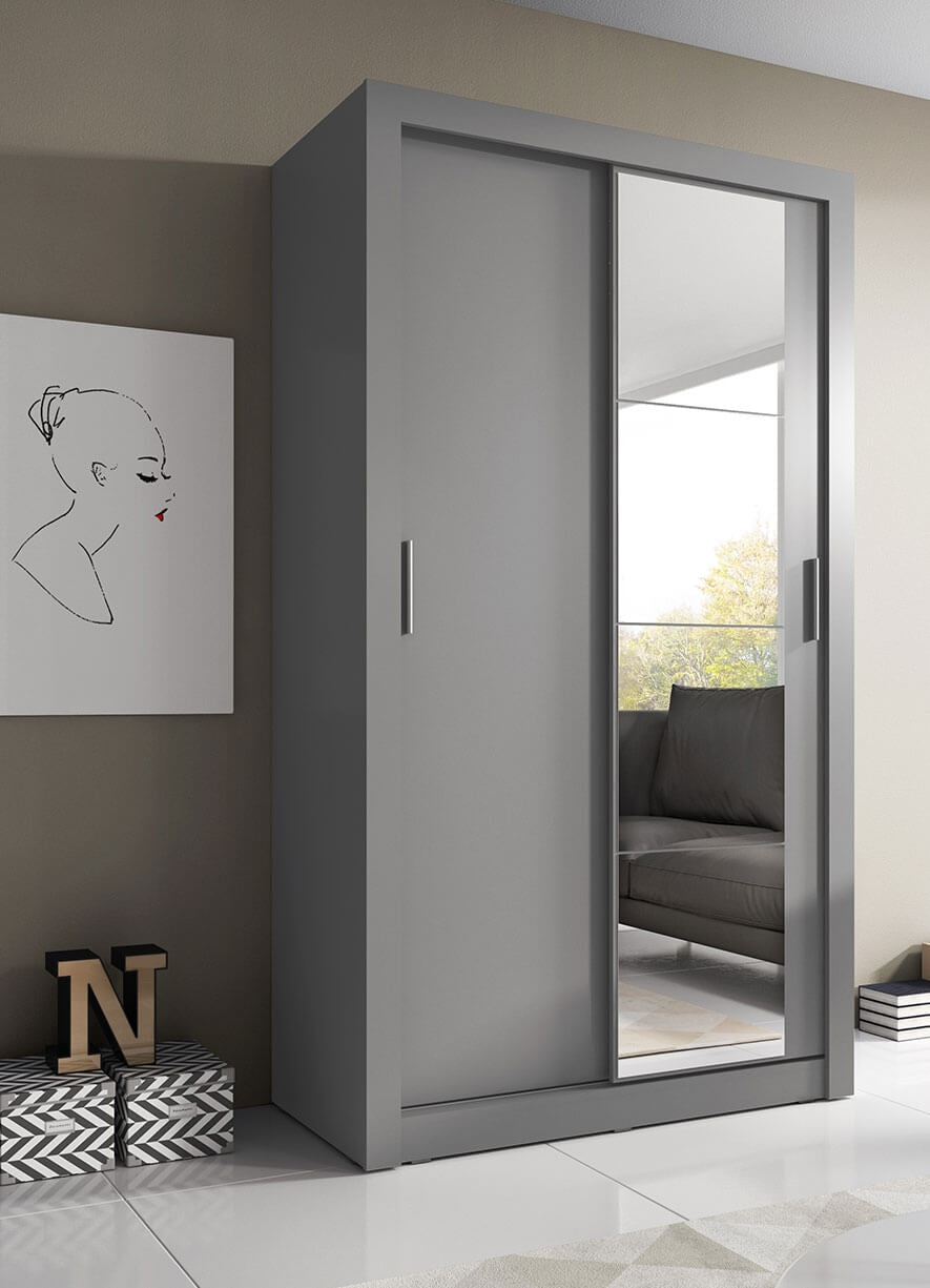 Armoire en bois clair, avec 2 portes coulissantes et miroir Arti 06, Gris Mat, L120xP60xH215 cm