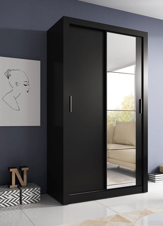Armoire en bois clair, avec 2 portes coulissantes et miroir Arti 06, Noir Mat, L120xP60xH215 cm