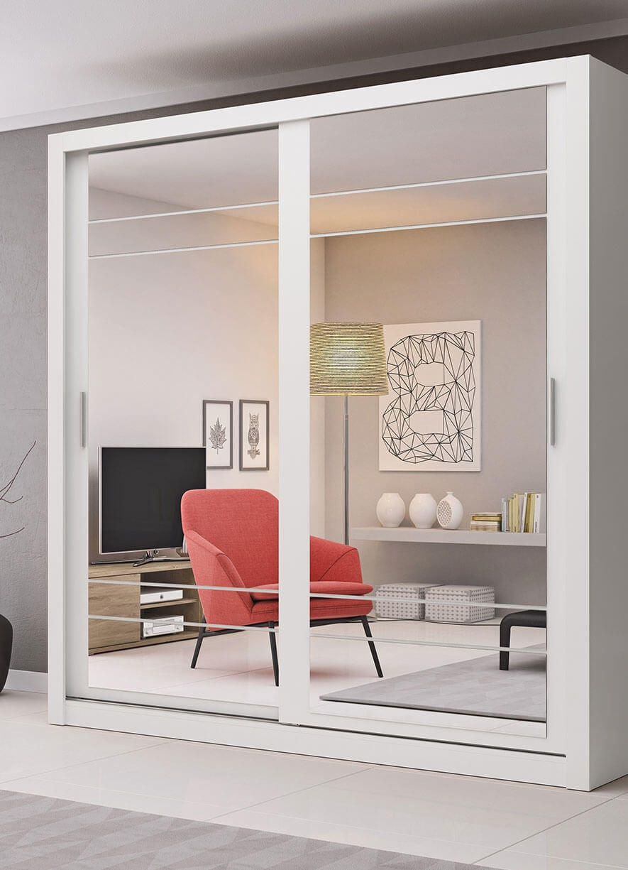 Armoire en bois clair, avec 2 portes coulissantes et miroir Arti 08, Blanc Mat, L203xP60xH215 cm