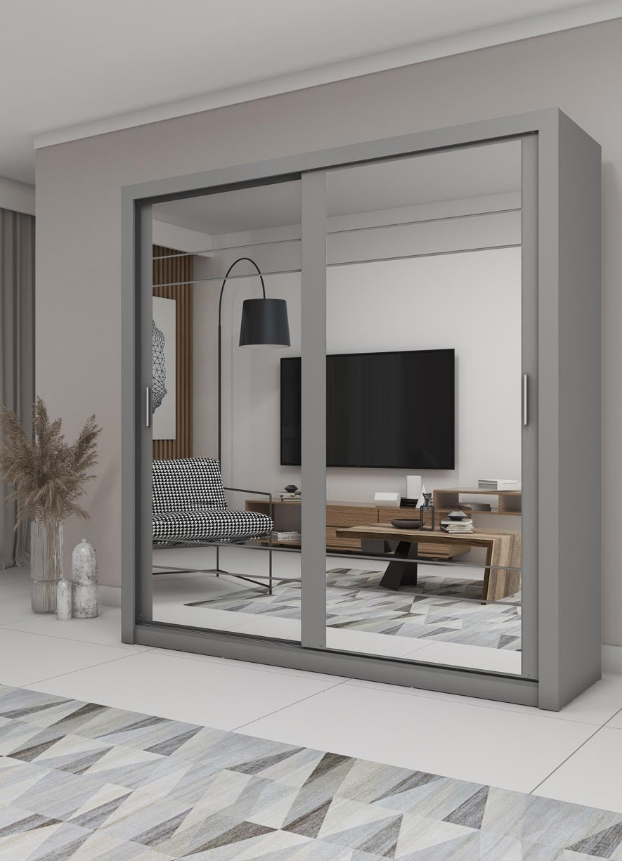 Armoire en bois clair, avec 2 portes coulissantes et miroir Arti 08, Gris Mat, L203xP60xH215 cm