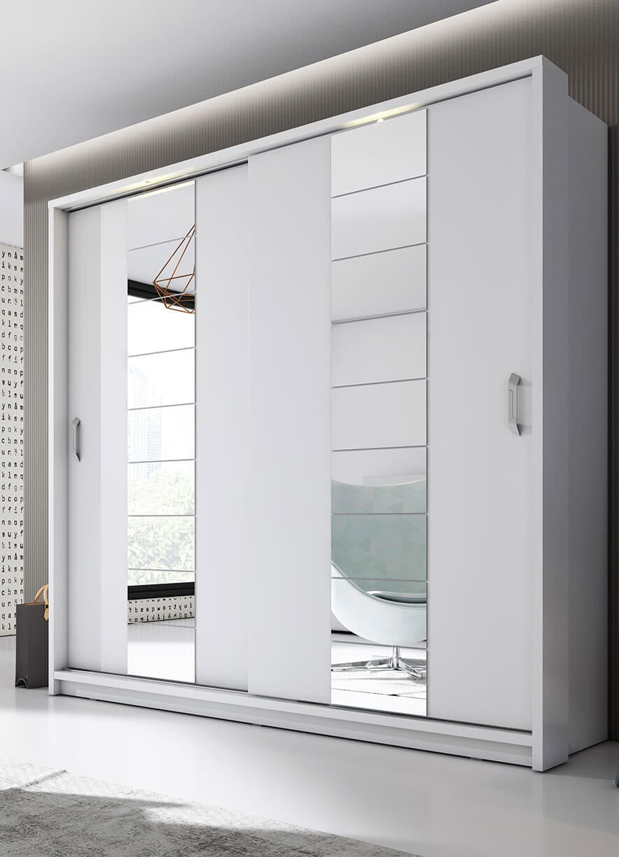 Armoire en bois clair, avec 2 portes coulissantes et miroir Arti 14, Blanc Mat, L220xL63xH215 cm