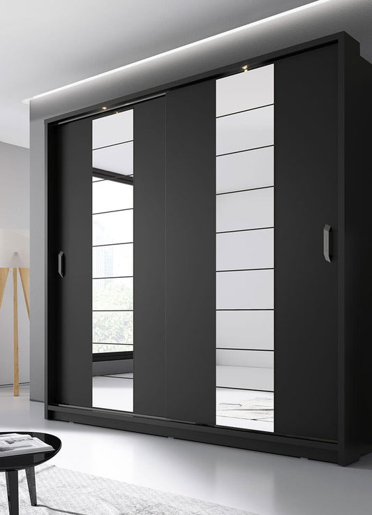 Armoire en bois clair, avec 2 portes coulissantes et miroir Arti 14, Noir Mat, L220xL63xH215 cm