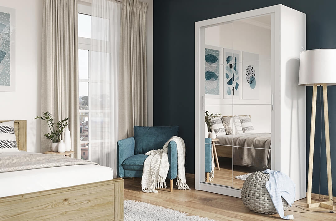 Armoire en bois clair, avec 2 portes coulissantes et Arti 19 Double miroir, Blanc Mat, L120xP60xH215 cm