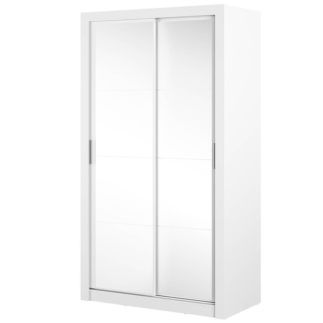 Armoire en bois clair, avec 2 portes coulissantes et Arti 19 Double miroir, Blanc Mat, L120xP60xH215 cm