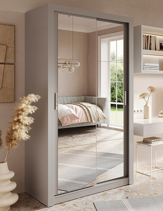 Armoire en bois clair, avec 2 portes coulissantes et miroir Arti 19 Double, Gris Mat, L120xP60xH215 cm