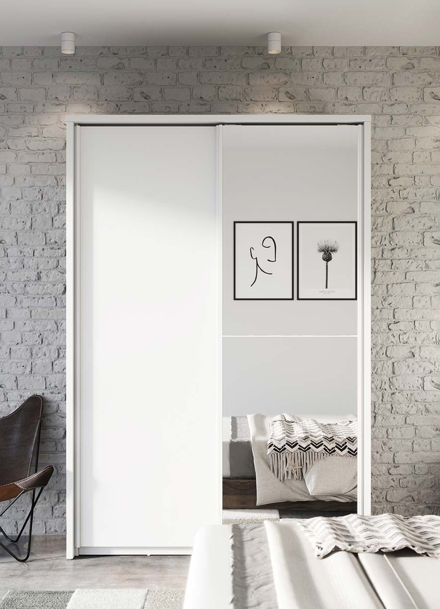 Armoire en bois clair, avec 2 portes coulissantes et miroir Arti 21, Blanc Mat, L160xW57xH218 cm