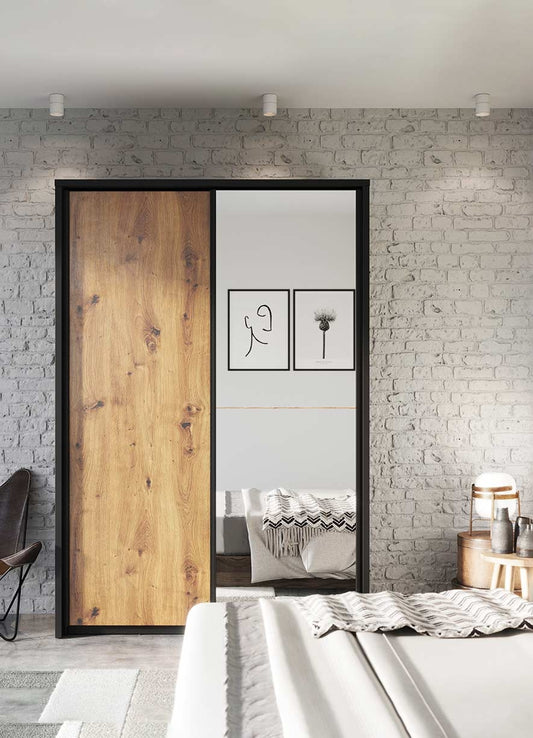Armoire en bois clair, avec 2 portes coulissantes et miroir Arti 21, Chêne Artisan / Noir, L160xW57xH218 cm