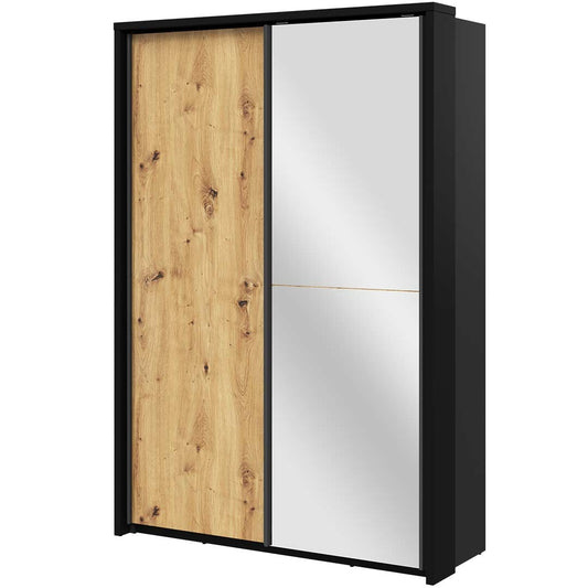 Armoire en bois clair, avec 2 portes coulissantes et miroir Arti 21, Chêne Artisan / Noir, L160xW57xH218 cm