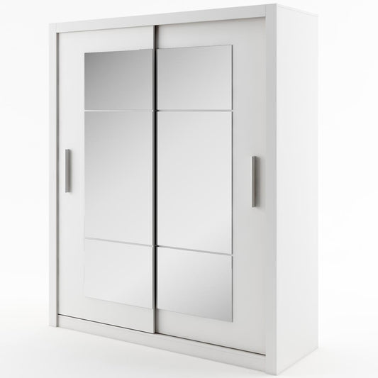 Armoire en bois clair avec 2 portes coulissantes et miroir Idea 02 Square, Blanc Mat, L180xP60xH215 cm