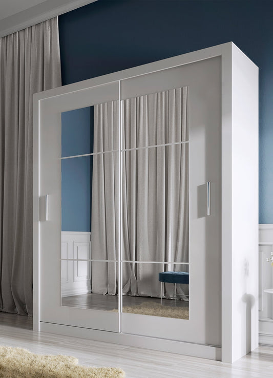 Armoire en bois clair avec 2 portes coulissantes et miroir Idea 02 Square, Blanc Mat, L180xP60xH215 cm