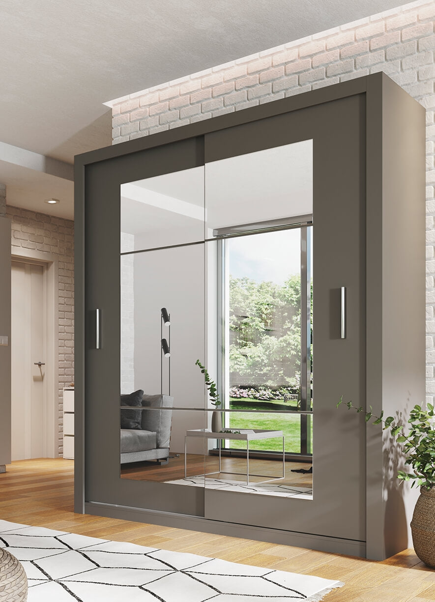 Armoire en bois clair avec 2 portes coulissantes et miroir Idea 02 Carré, Gris Mat, L180xP60xH215 cm