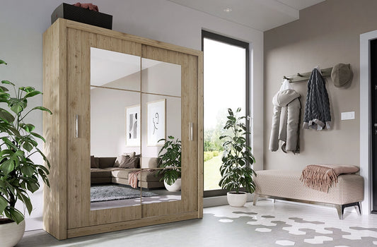 Armoire en bois clair avec 2 portes coulissantes et miroir Idea 02 Square, Chêne San Remo, L180xL60xH215 cm