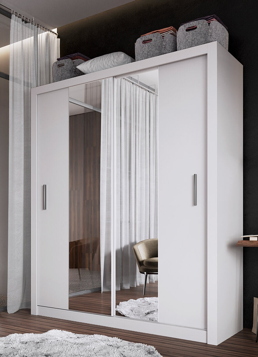 Armoire en bois clair avec 2 portes coulissantes et miroir Idea 03, Blanc mat, L180xP60xH215 cm