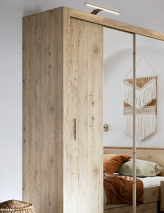 Armoire en bois clair avec 2 portes coulissantes et miroir Idea 03 Chêne San Remo, L180xP60xH215 cm