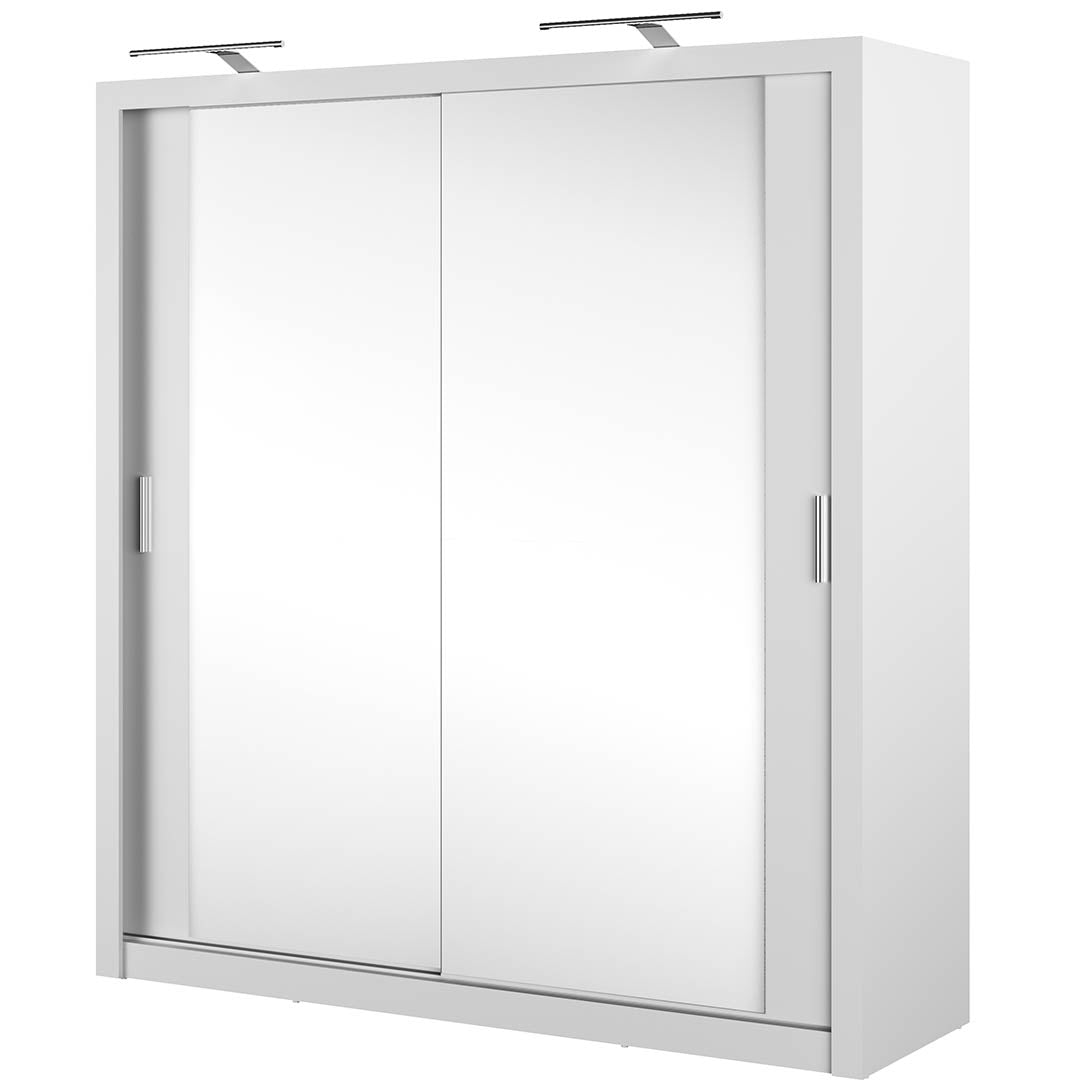 Armoire en bois clair avec 2 portes coulissantes et miroir Idea 16, Blanc mat, L200xP60xH215 cm