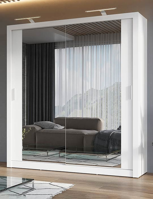 Armoire en bois clair avec 2 portes coulissantes et miroir Idea 16, Blanc mat, L200xP60xH215 cm