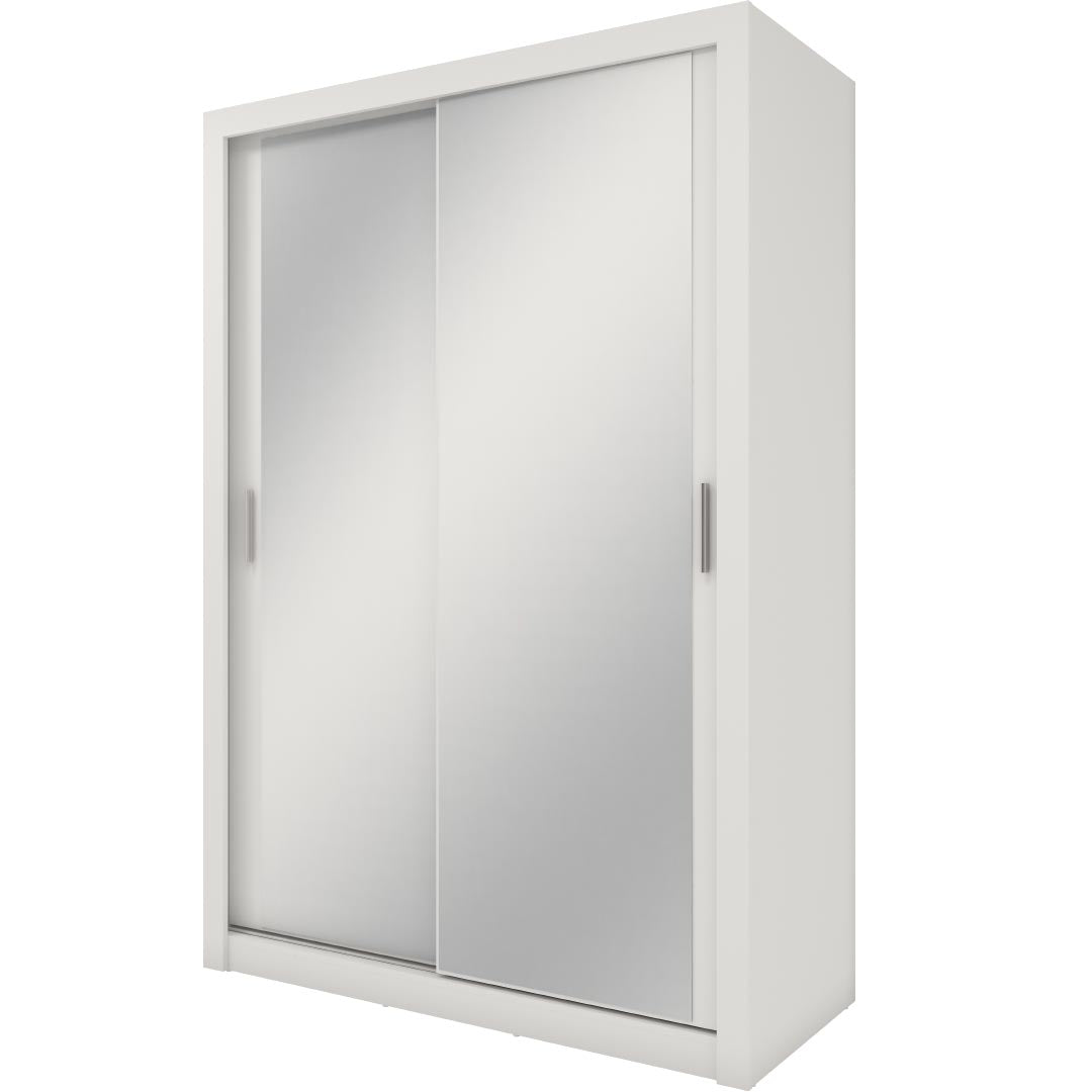 Armoire en bois clair avec 2 portes coulissantes et miroir Idea 17, Blanc mat, L150xP60xH215 cm
