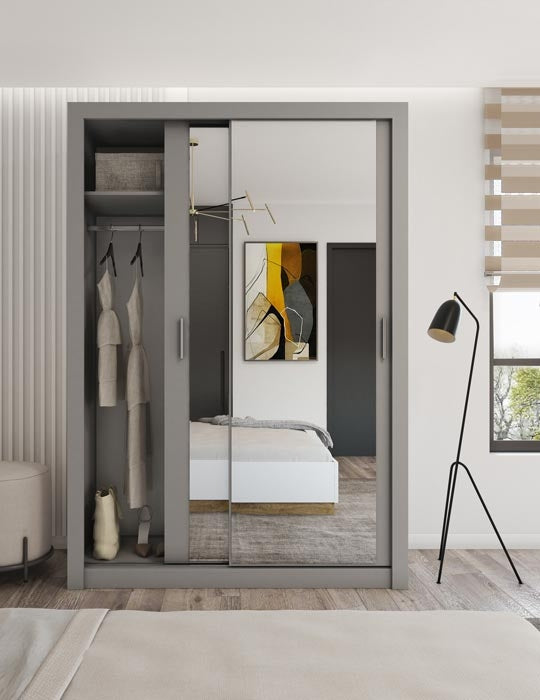 Armoire en bois clair avec 2 portes coulissantes et miroir Idea 17, Gris mat, L150xP60xH215 cm