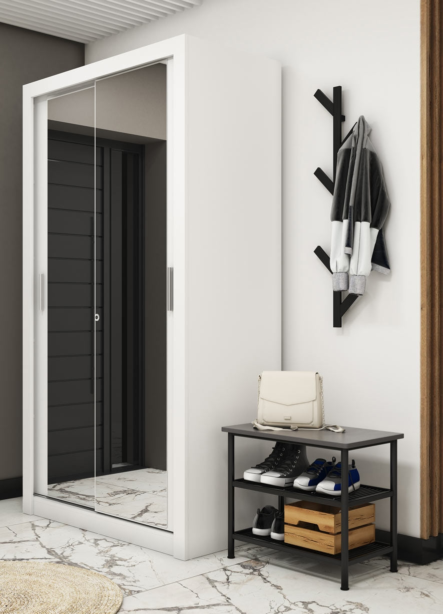 Armoire en bois clair avec 2 portes coulissantes et miroir Idea 18 Small, Blanc Mat, L120xH60xH215 cm